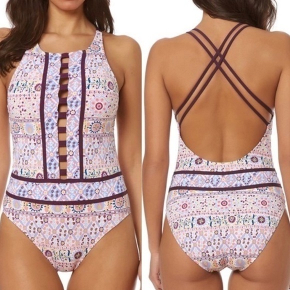 BLEU ROD BEATTIE Positano High Neck One Piece Swimsuit Size 10 Multicolor Print - Picture 1 of 11